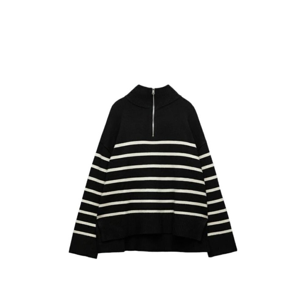ZARA STRIPED SWEATER WITH ZIP BLACK / WHITE SIZE XL | 3519/125